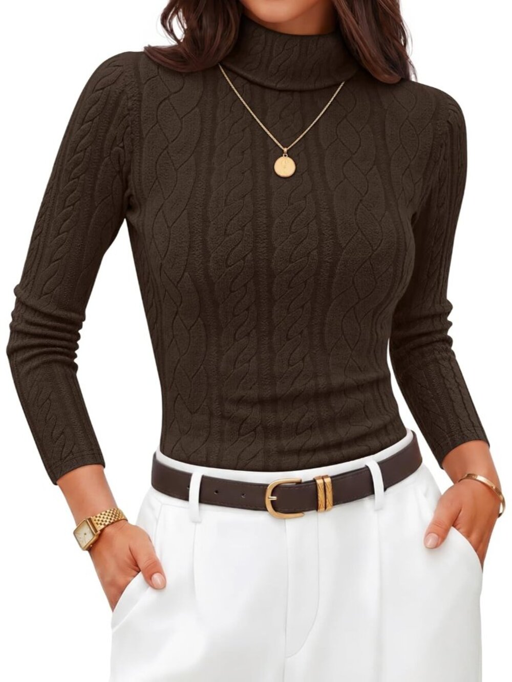 Women's Brown Cable Knit Turtleneck Long Sleeve Ruched Slim Fitted Pullover Top